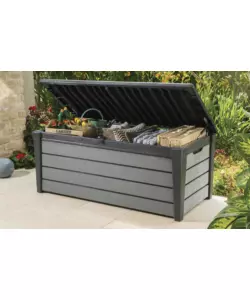 Baule da esterno keter "brushwood" in resina grafite effetto legno 454 lt 145x69,7x60,3 cm